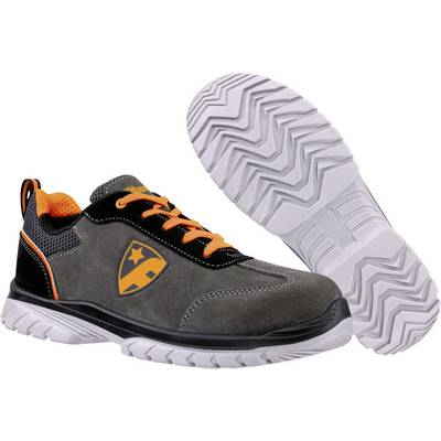 Black and gray athletic work shoe with orange accents shown in side view, plus sole view behind it on a white background.