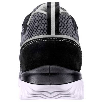 Rear view of a black and gray athletic shoe with a mesh upper and thick white sole on a plain background.