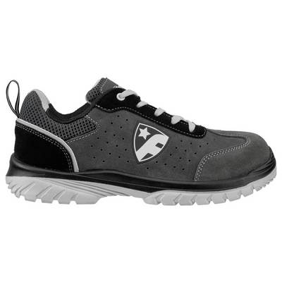 Black and gray athletic work shoe with a white sole and a logo on the side, shown in profile on a white background.