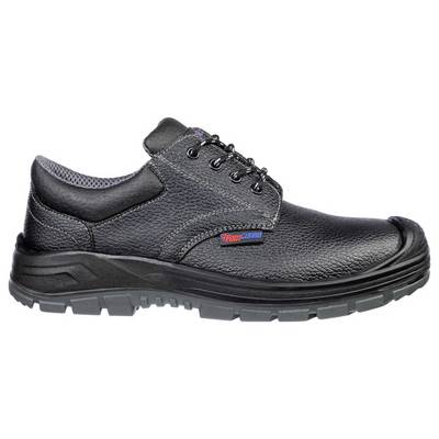 Black low-cut safety shoe with laces, textured leather upper, and rugged rubber sole, shown in side view on a white background.