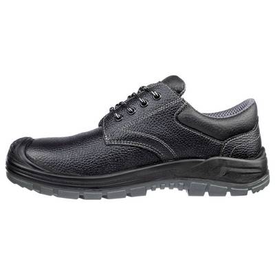 Black lace-up work shoe with textured leather upper and rugged treaded sole, shown in side view on a white background.