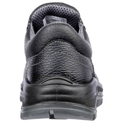 Black leather work boot shown from the back, with a thick treaded sole and padded collar on a white background.