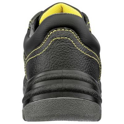 Rear view of a black and yellow work shoe/boot with padded collar and textured sole on a white background.