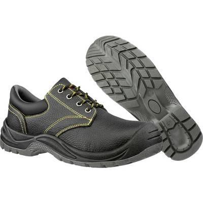 Black safety work shoe with yellow stitching, shown from side and sole to highlight the rugged tread and reinforced toe.