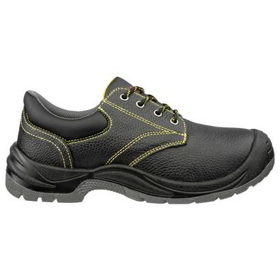 Black leather safety shoe with yellow stitching, reinforced toe, and thick treaded sole, shown in side view on a white background.