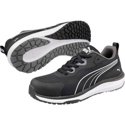 Black Puma athletic running shoe shown from side and sole views, with white midsole and treaded outsole on a white background.