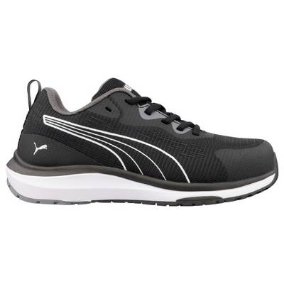 Black athletic running shoe with white Puma logo and white-striped sides, shown in side view on a plain white background.