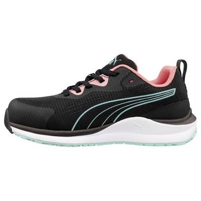 Black Puma athletic shoe with pink accents, teal stripe detail, and white sole shown in side view on a white background