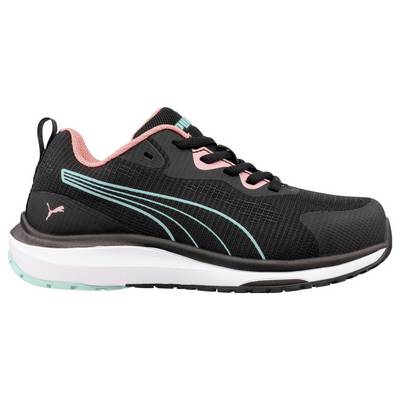 Black athletic sneaker with pink accents and turquoise side stripes, shown in side view on a white background.