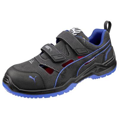 Black and blue Puma safety shoe with reinforced toe, double hook-and-loop straps, and a pull tab on a white background.