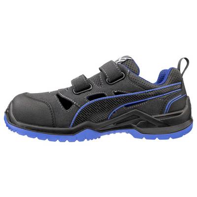 Black and blue athletic work shoe with a reinforced toe, Velcro straps, and rugged blue sole, shown in side view on a white background