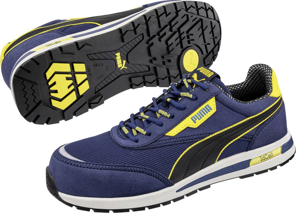 Blue and yellow Puma safety sneakers, shown from the side and sole, with slip-resistant tread and protective toe design.