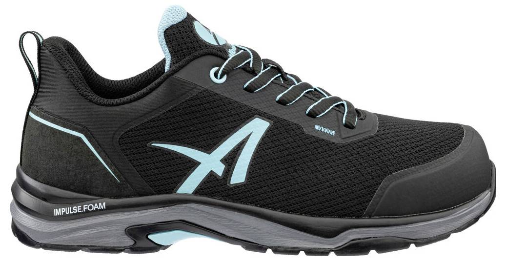 Black athletic shoe with teal accents and a thick cushioned sole, shown in side view on a white background.