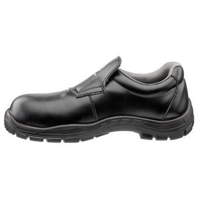 Black slip-resistant work shoe with a low-cut design and thick rugged sole, shown in side view on a white background
