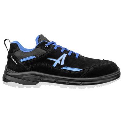 Black and blue low-top safety shoe with black sole and gray tread, shown in side view on a white background.