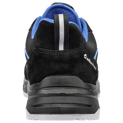 Rear view of a black athletic shoe with blue lining, white heel stripe, and thick black sole on a plain white background.