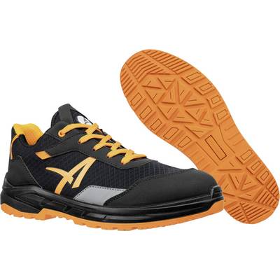 Black and orange athletic safety shoes shown in side and sole views, with orange laces, accents, and treaded outsole.