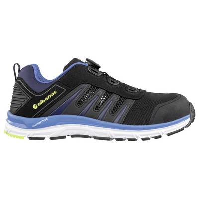 Side view of a black and blue athletic shoe with a white sole and lime accents, labeled 'albatros' and 'dual IMPULSE'.