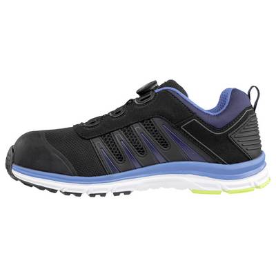 Black and blue athletic trail shoe with white sole and neon green accents, shown in side view on a white background.