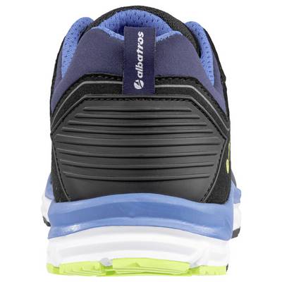 Rear view of a black, blue, and lime athletic shoe with an 'albatros' heel tab and textured sole.