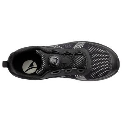 Top view of a black athletic shoe with a dial closure system and textured mesh upper.