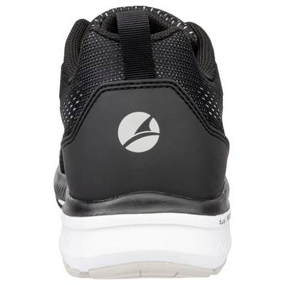 Rear view of a black athletic shoe with a white sole and circular logo on the heel.