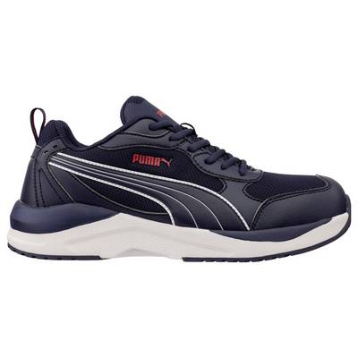 Navy blue Puma athletic running shoe with white sole and silver side stripes, shown in side view on a white background.