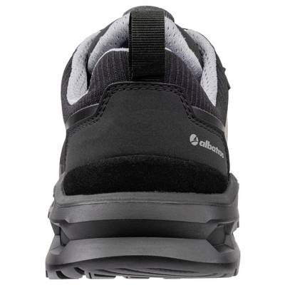Rear view of a black athletic shoe with a thick sole and gray padded collar, shown against a white background.