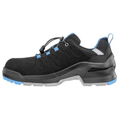 Black and blue low-top work shoe with a slip-resistant sole and reinforced toe, shown in side view on a white background.