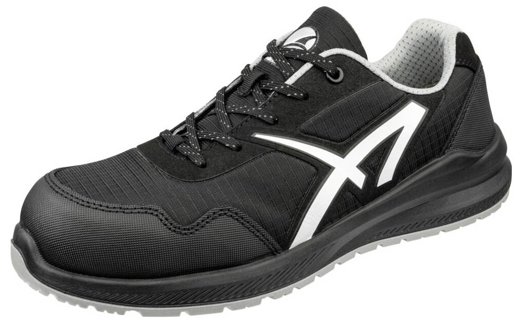 Black athletic shoe with white logo and black laces shown on a plain white background.<br>