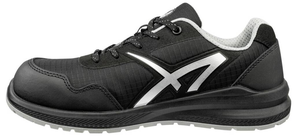 Black athletic sneaker with white logo and sole, shown in side profile on a white background.