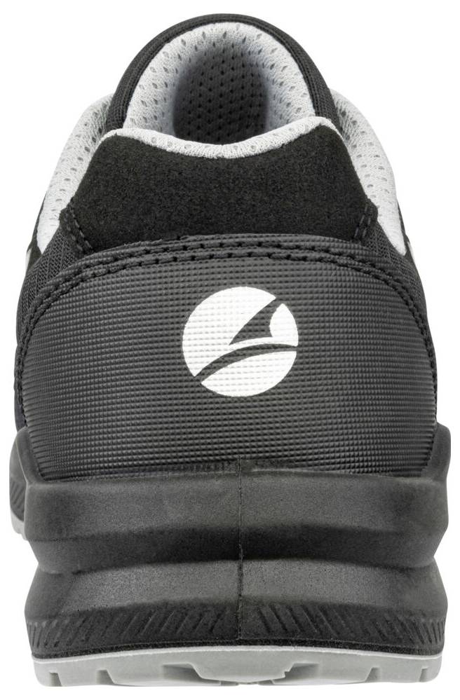 Rear view of a black and gray athletic shoe with a logo on the heel, shown against a white background.