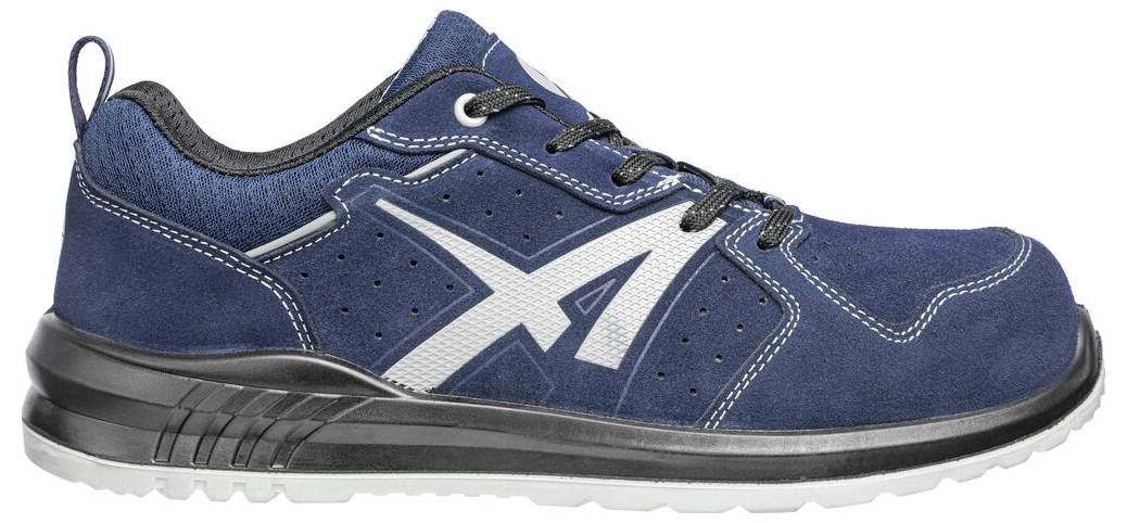Blue low-top athletic work shoe with black sole, white logo, and reflective accents, shown in side view.