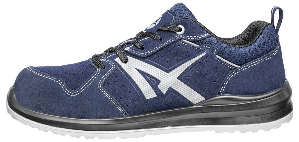 Blue athletic work shoe with white logo, black sole, and gray accents shown in side view.<br>