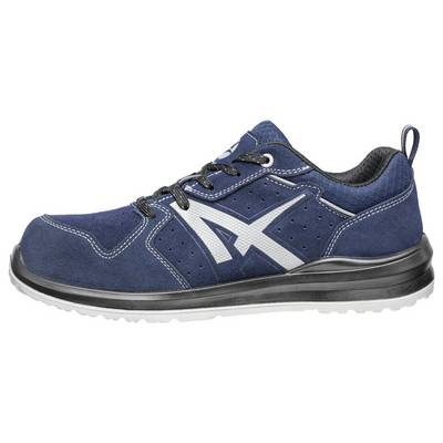 Blue athletic work shoe with white logo, black sole, and gray accents shown in side view.<br>