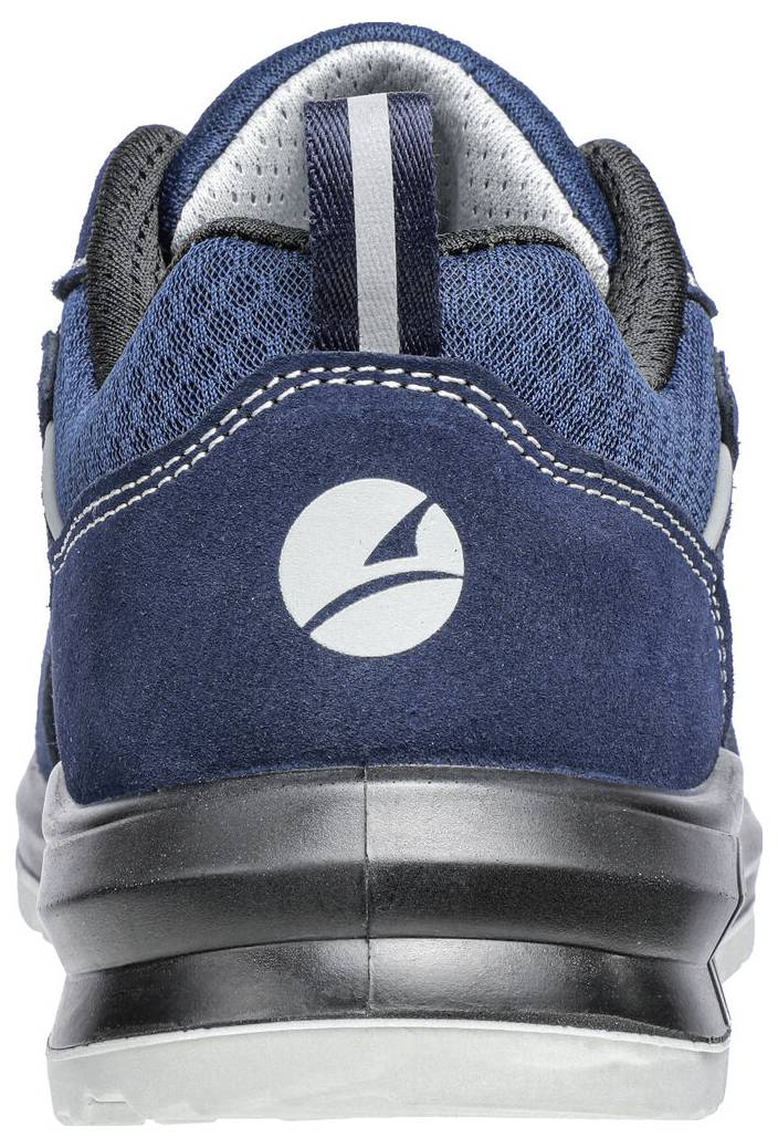 Rear view of a blue athletic shoe with white logo, black sole, and gray mesh lining on a white background.