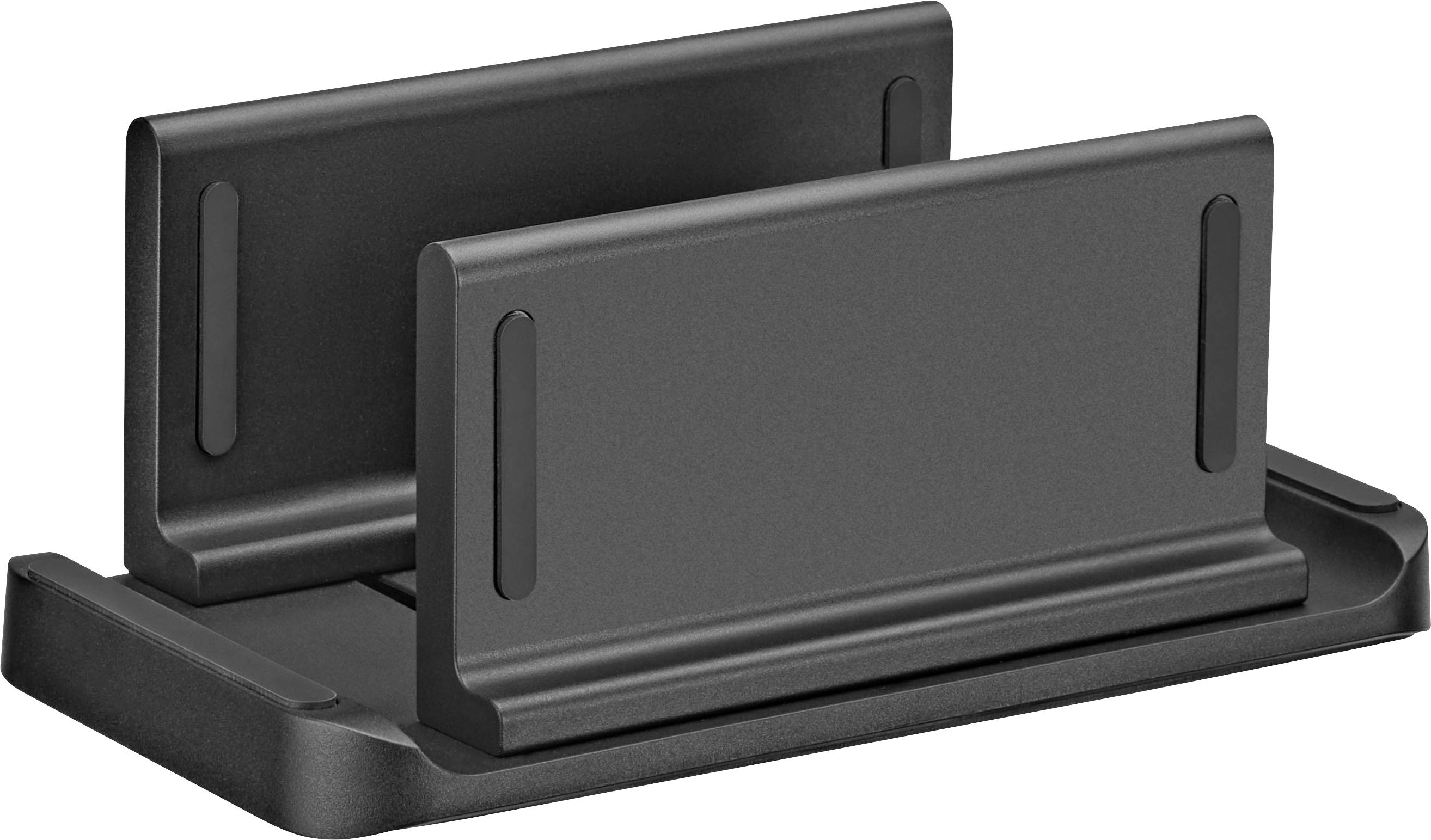 Black dual-slot vertical stand for holding two devices, shown in a simple product image on a white background.