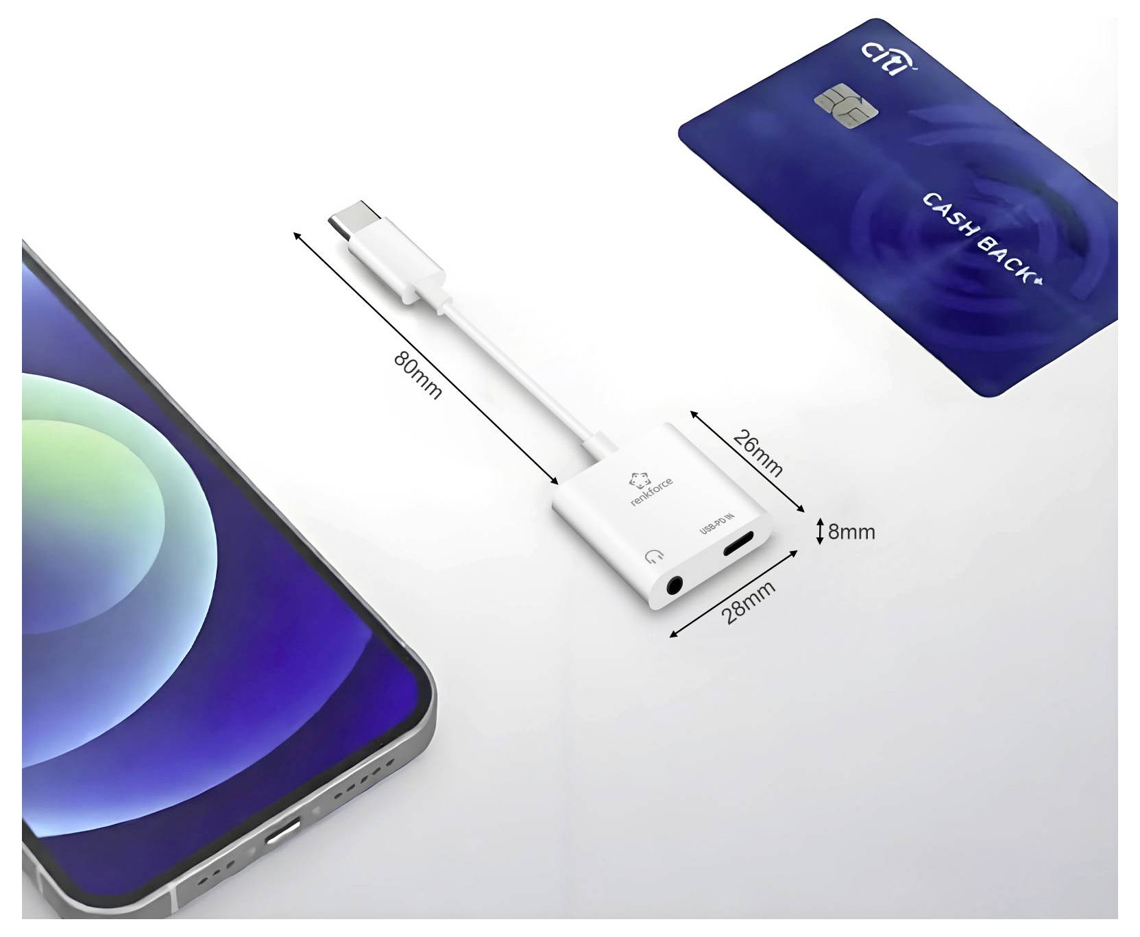 USB-C card reader adapter next to a smartphone and bank card, with size labels showing 80mm cable and 28mm by 26mm by 8mm device dimensions.