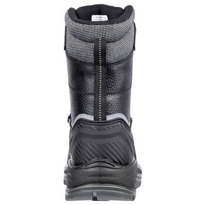Black high-top hiking boot shown from the back, with textured leather, padded collar, and rugged sole.