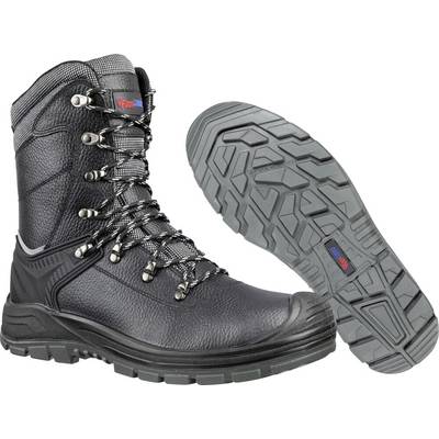 Black leather lace-up hiking boots shown from the side and sole, with rugged tread and ankle support.