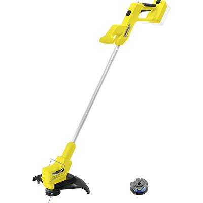 Yellow cordless string trimmer with long silver shaft and black guard, shown with a spare trimmer head attachment.
