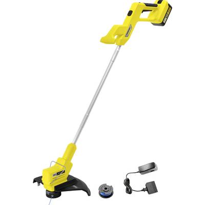 Yellow cordless string trimmer with handle, battery, charger, and spool shown on a white background.