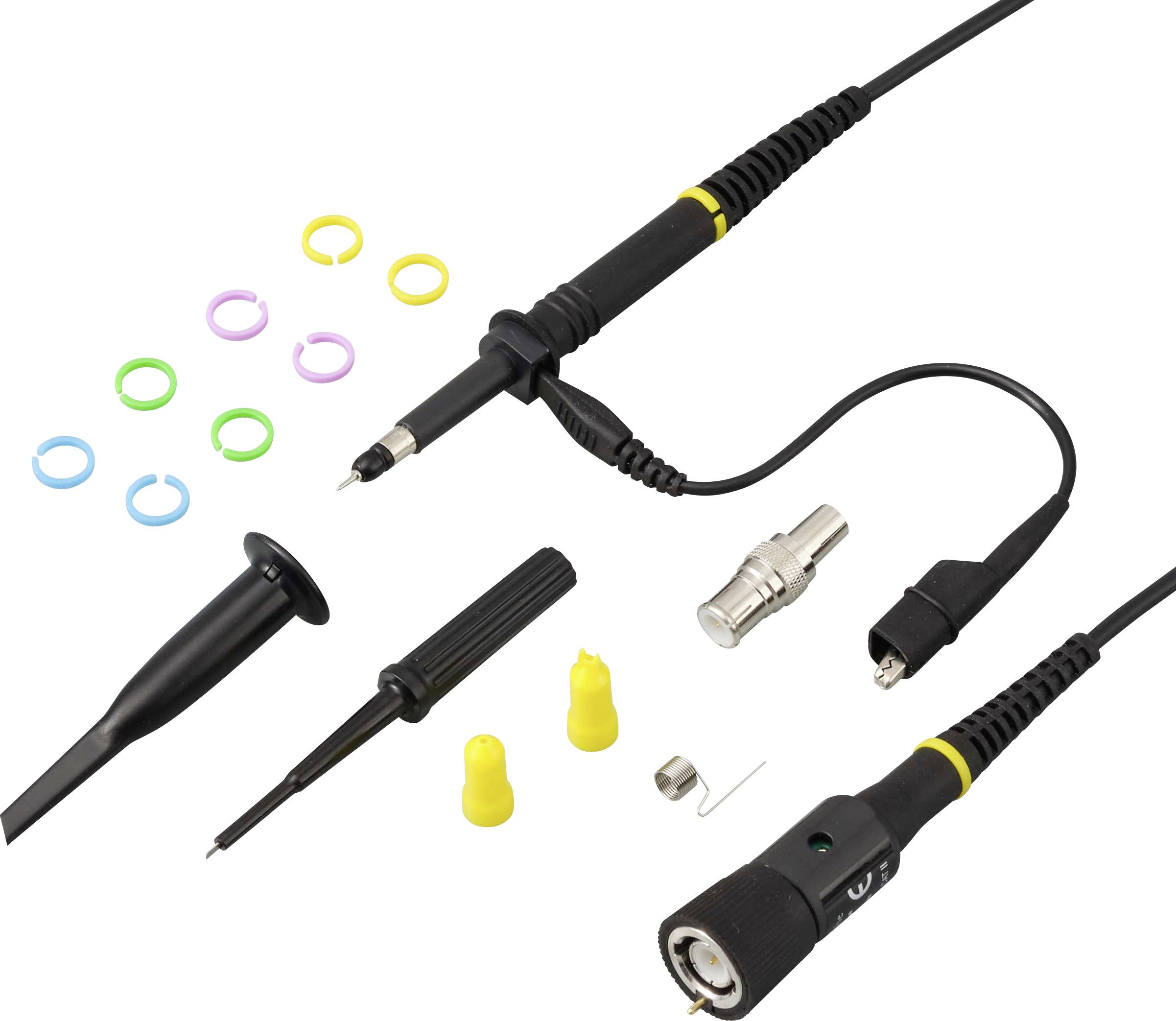 Soldering iron kit with attached power cords, interchangeable tips, and small colored accessory rings and caps on a white background.