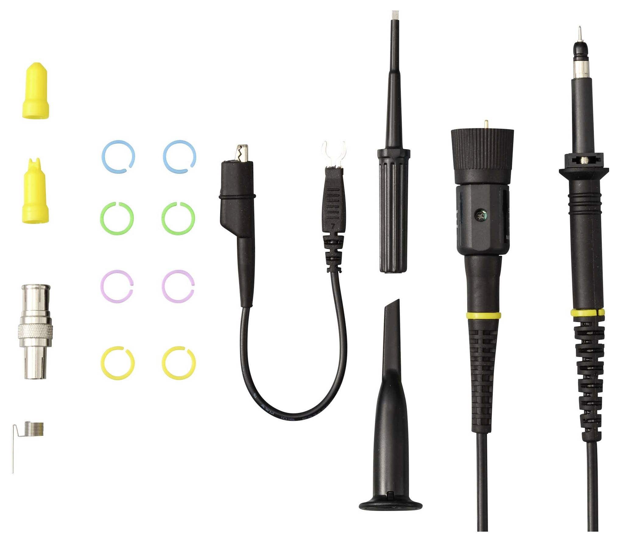 Set of electrical test probe accessories, including insulated probe tips, colored ring markers, and several black probe bodies with leads and connectors on a white background.