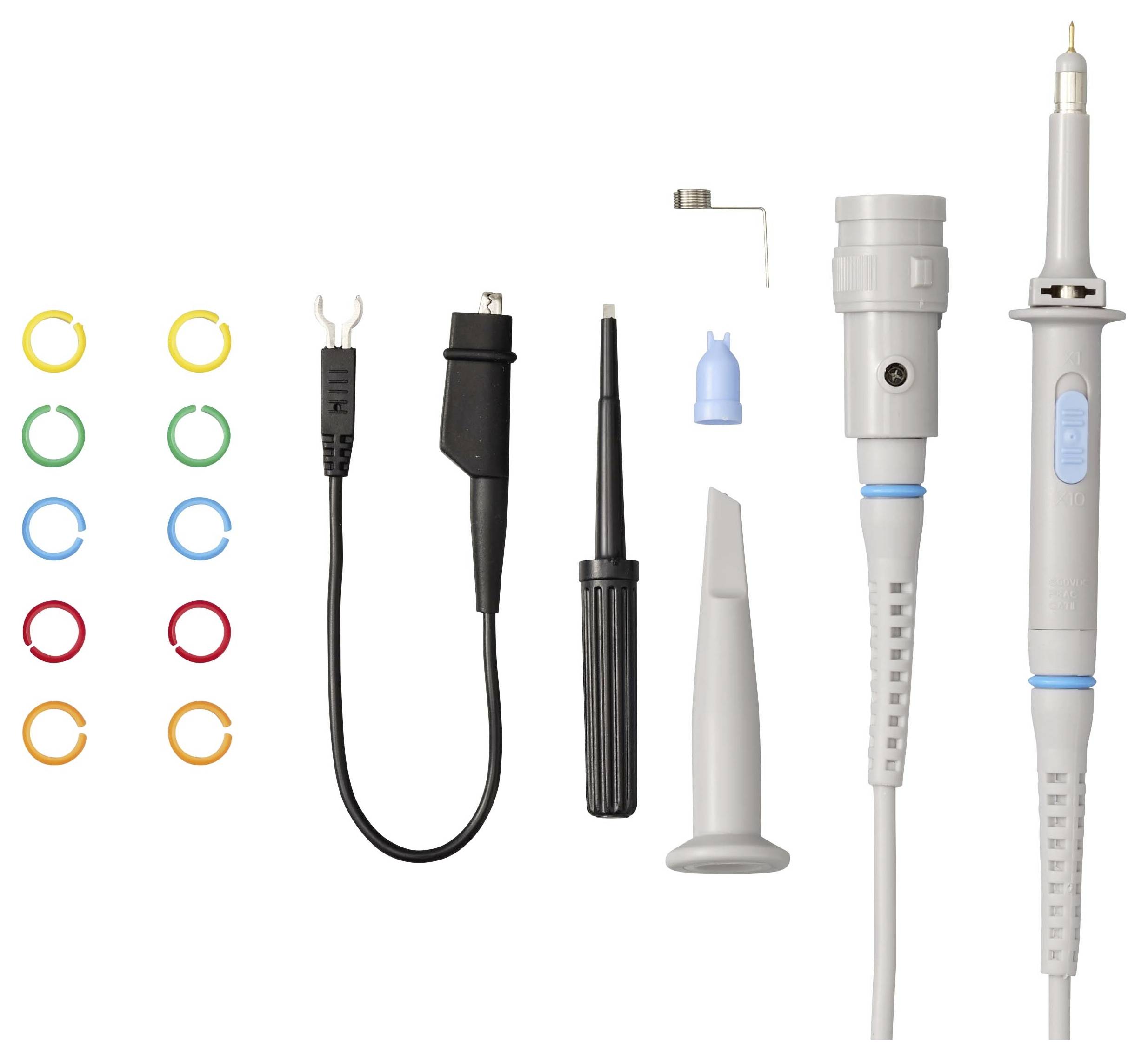Assorted interchangeable dental scaler/ultrasonic tool tips and handles displayed in a row, including color-coded rings and several metal and plastic handpieces.