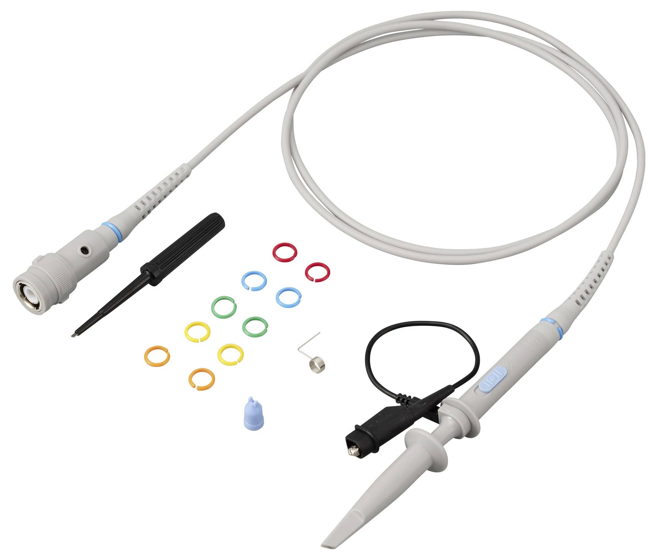 Medical endoscope probe with cable and connector, shown with a black tool and several colored accessory rings on a white background.