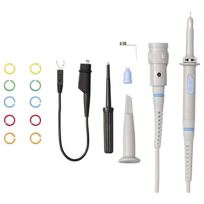A set of interchangeable dental/electronic tool attachments and handles arranged on a white background, including colored O-rings, tips, and two gray handheld instruments.