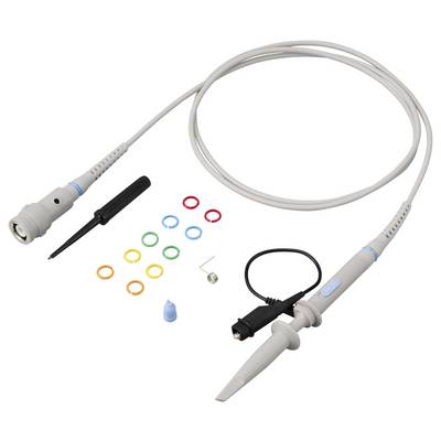 Medical endoscope with cable and tip attachments, shown with colored O-rings and small accessory parts on a white background.