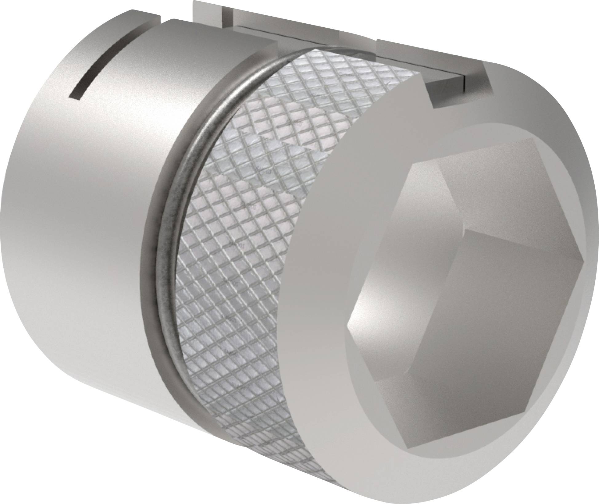 Close-up of a metal cylindrical fastener or filter with a hexagonal end and knurled middle section on a white background.