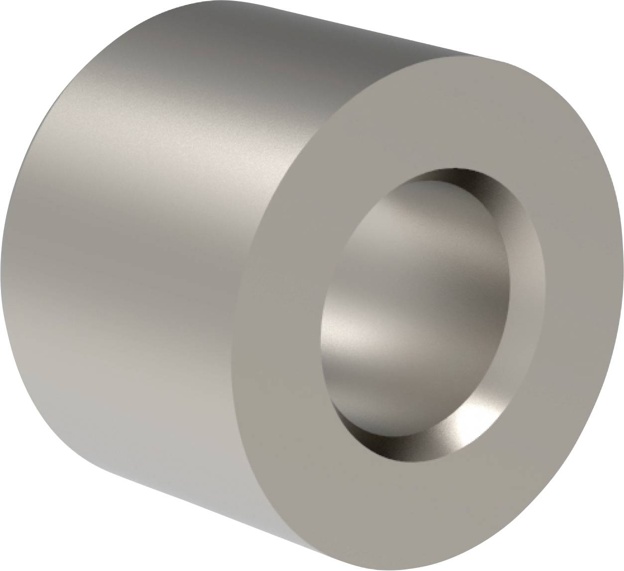 Shiny metallic cylindrical bushing with a central hole, shown on a white background.